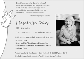 Anzeige von Lieselotte Dües von Kölner Stadt-Anzeiger / Kölnische Rundschau / Express