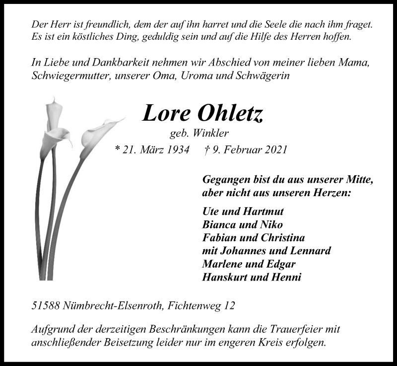  Traueranzeige für Lore Ohletz vom 13.02.2021 aus Kölner Stadt-Anzeiger / Kölnische Rundschau / Express