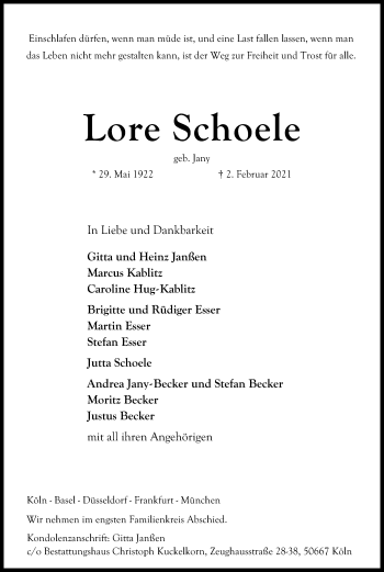 Anzeige von Lore Schoele von Kölner Stadt-Anzeiger / Kölnische Rundschau / Express