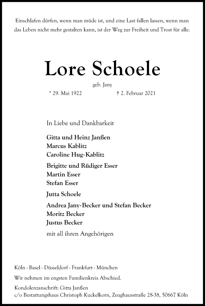  Traueranzeige für Lore Schoele vom 06.02.2021 aus Kölner Stadt-Anzeiger / Kölnische Rundschau / Express