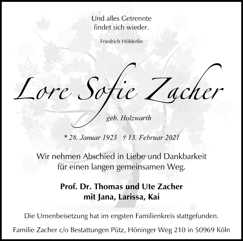 Traueranzeige für Lore Sofie Zacher vom 27.02.2021 aus Kölner Stadt-Anzeiger / Kölnische Rundschau / Express