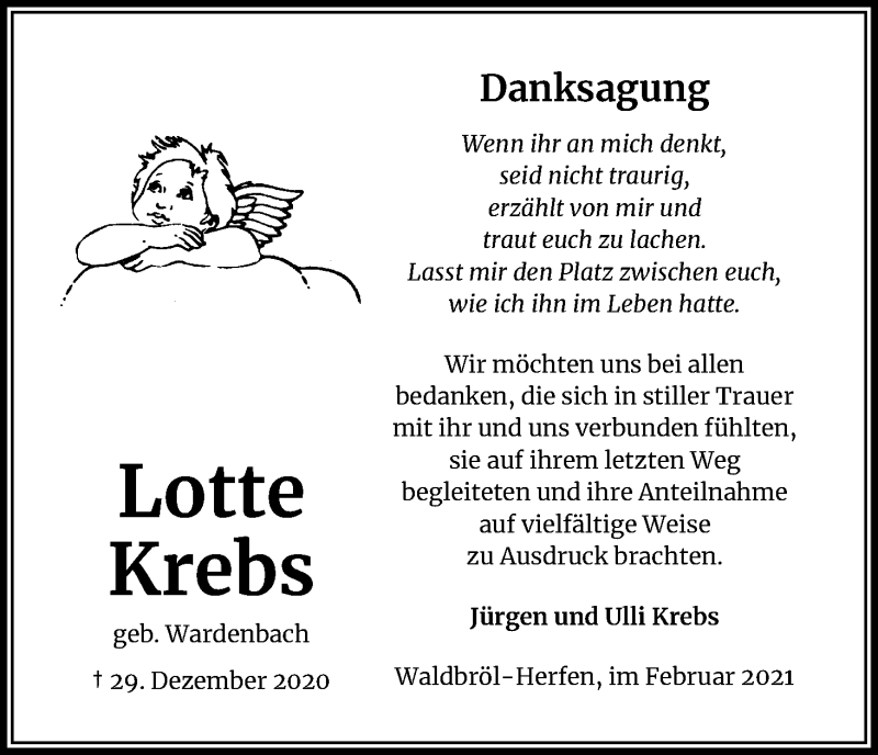  Traueranzeige für Lotte Krebs vom 06.02.2021 aus Kölner Stadt-Anzeiger / Kölnische Rundschau / Express