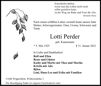 Anzeige von Lotti Perder von Kölner Stadt-Anzeiger / Kölnische Rundschau / Express