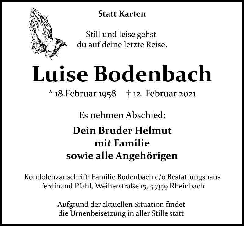  Traueranzeige für Luise Bodenbach vom 20.02.2021 aus  Blickpunkt Euskirchen 