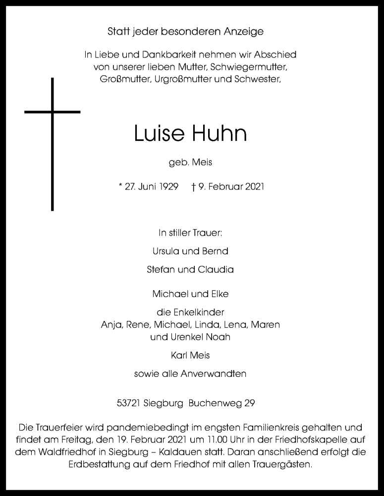  Traueranzeige für Luise Huhn vom 13.02.2021 aus Kölner Stadt-Anzeiger / Kölnische Rundschau / Express