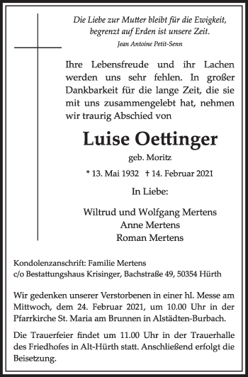 Anzeige von Luise Oettinger von  Wochenende 