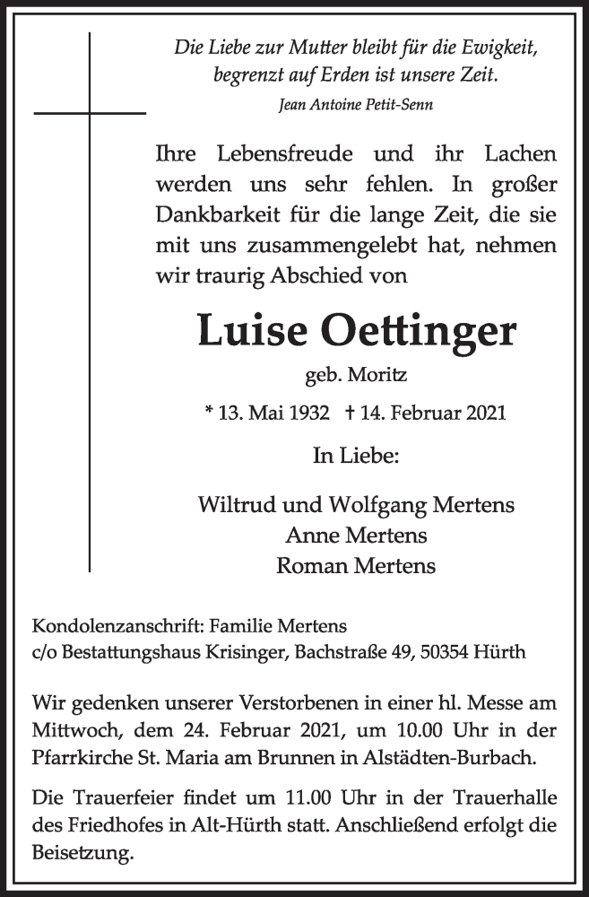  Traueranzeige für Luise Oettinger vom 19.02.2021 aus  Wochenende 