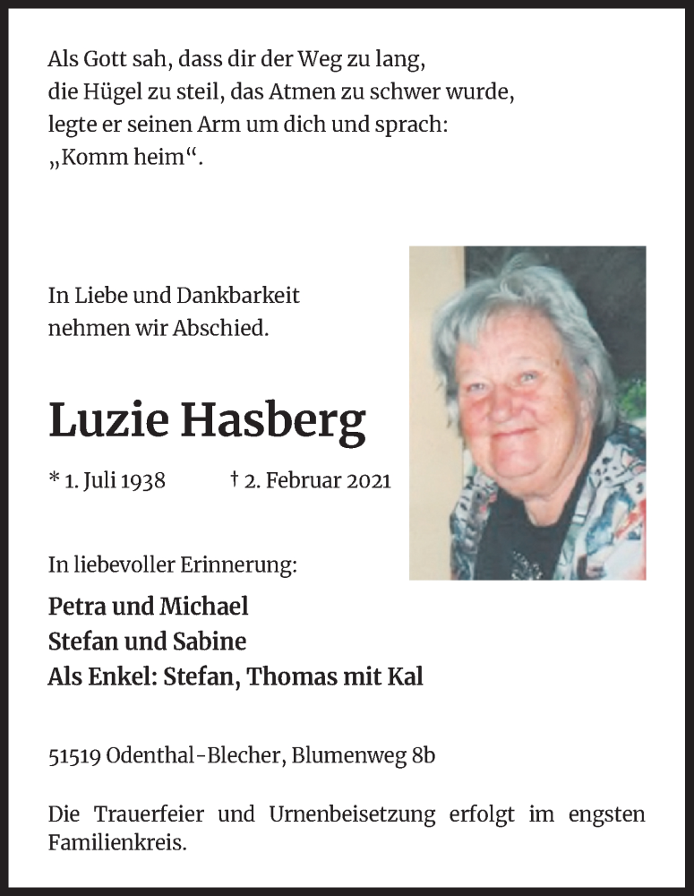  Traueranzeige für Luzie Hasberg vom 13.02.2021 aus Kölner Stadt-Anzeiger / Kölnische Rundschau / Express