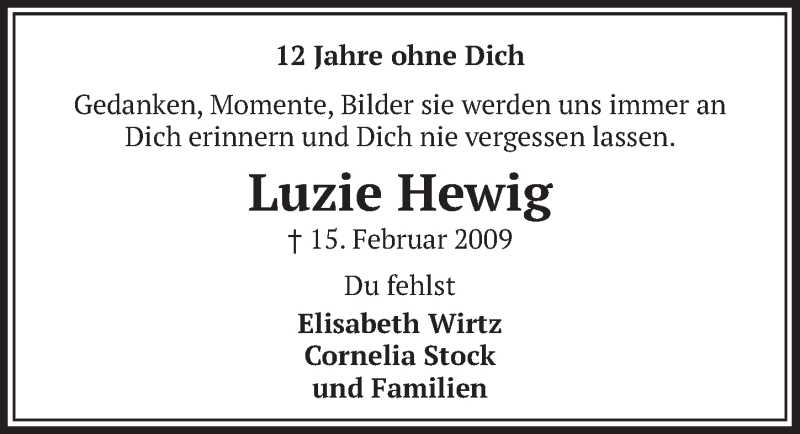  Traueranzeige für Luzie Hewig vom 19.02.2021 aus  Werbepost 