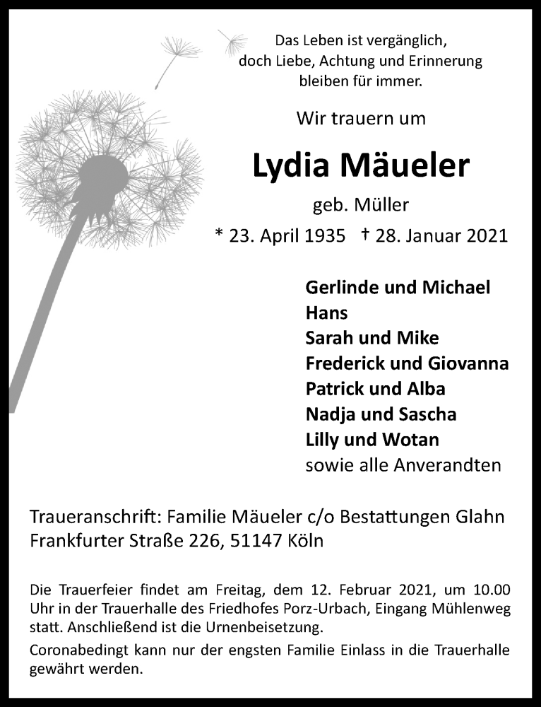  Traueranzeige für Lydia Mäueler vom 05.02.2021 aus  Kölner Wochenspiegel 