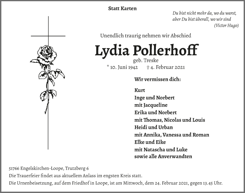  Traueranzeige für Lydia Pollerhoff vom 19.02.2021 aus  Anzeigen Echo 