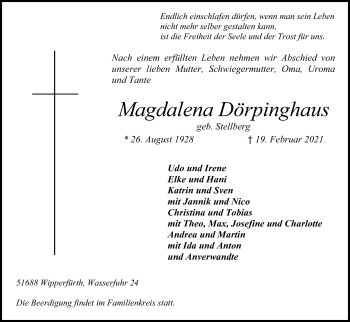 Anzeige von Magdalena Dörpinghaus von Kölner Stadt-Anzeiger / Kölnische Rundschau / Express