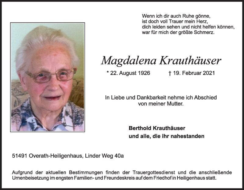  Traueranzeige für Magdalena Krauthäuser vom 27.02.2021 aus Kölner Stadt-Anzeiger / Kölnische Rundschau / Express