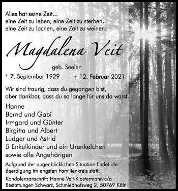 Anzeige von Magdalena Veit von Kölner Stadt-Anzeiger / Kölnische Rundschau / Express