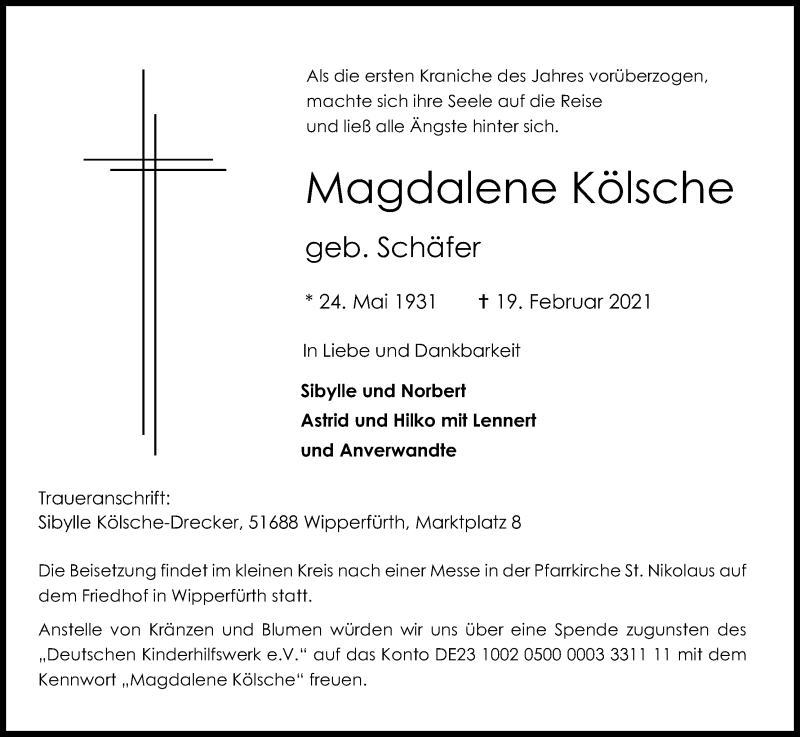  Traueranzeige für Magdalene Kölsche vom 27.02.2021 aus Kölner Stadt-Anzeiger / Kölnische Rundschau / Express