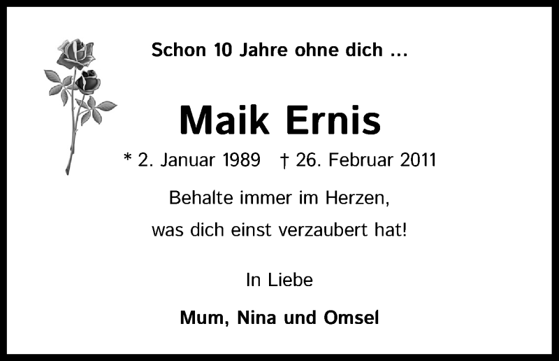  Traueranzeige für Maik Ernis vom 26.02.2021 aus Kölner Stadt-Anzeiger / Kölnische Rundschau / Express
