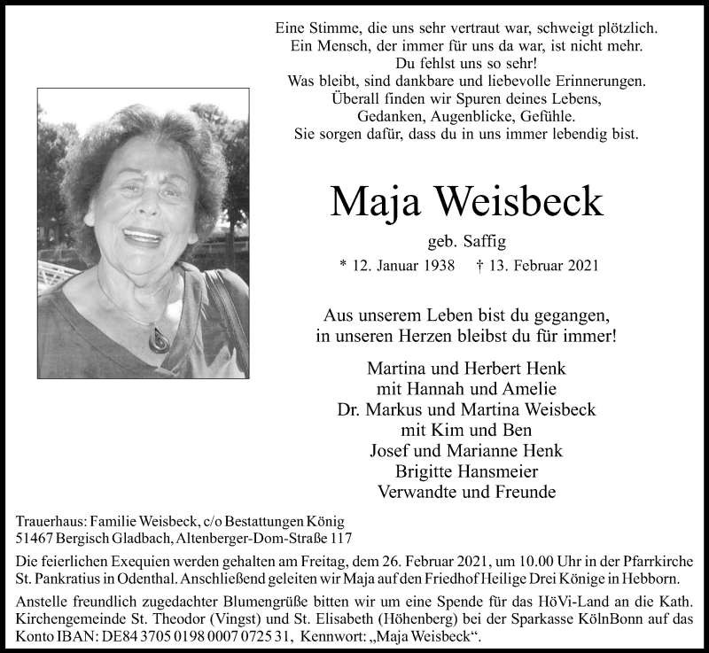  Traueranzeige für Maja Weisbeck vom 20.02.2021 aus Kölner Stadt-Anzeiger / Kölnische Rundschau / Express