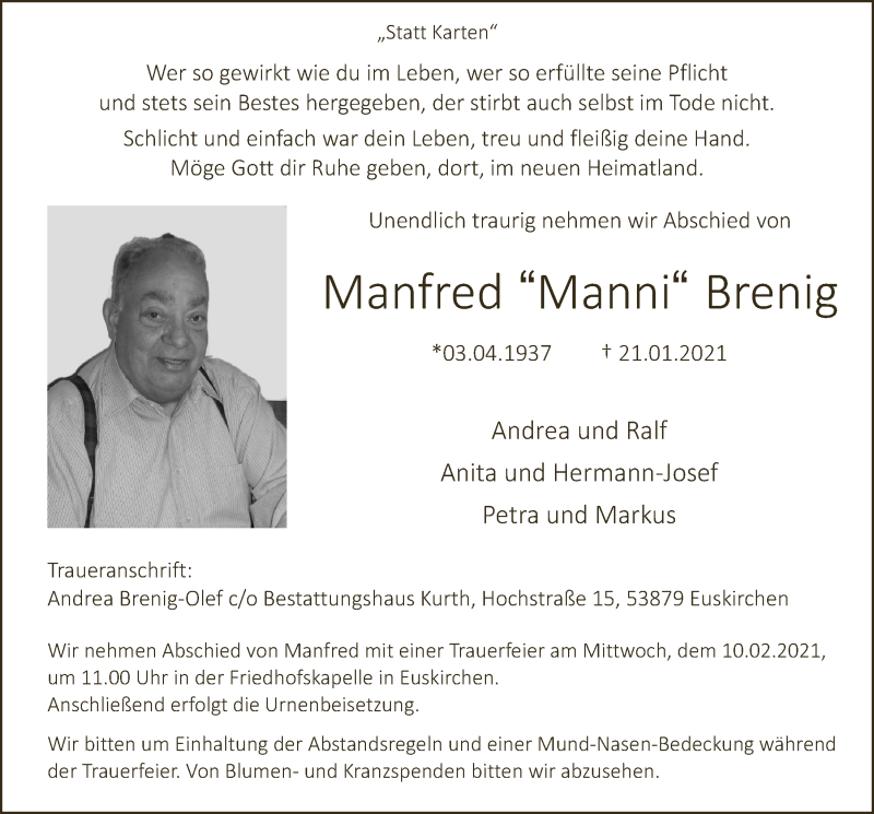 Traueranzeige für Manfred Brenig vom 06.02.2021 aus  Blickpunkt Euskirchen 