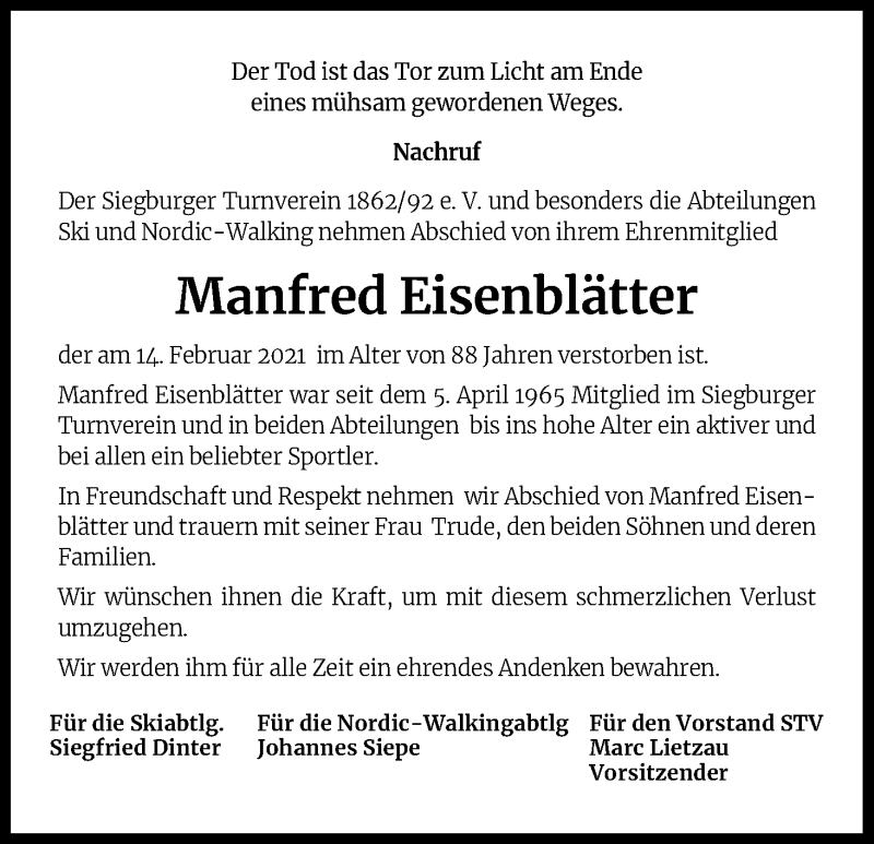  Traueranzeige für Manfred Eisenblätter vom 27.02.2021 aus Kölner Stadt-Anzeiger / Kölnische Rundschau / Express