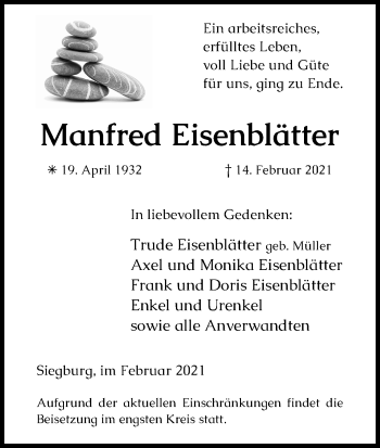 Anzeige von Manfred Eisenblätter von Kölner Stadt-Anzeiger / Kölnische Rundschau / Express