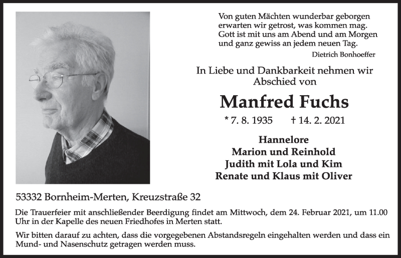  Traueranzeige für Manfred Fuchs vom 19.02.2021 aus  Schlossbote/Werbekurier 