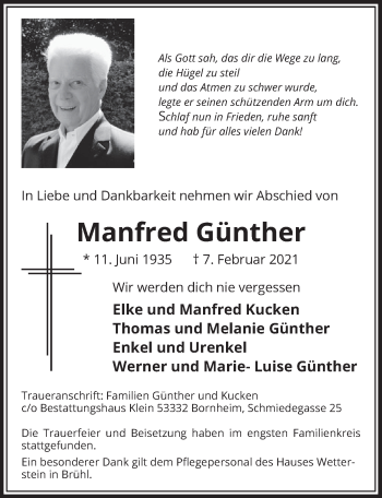 Anzeige von Manfred Günther von  Schlossbote/Werbekurier 