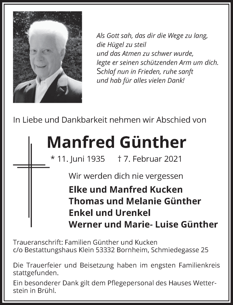  Traueranzeige für Manfred Günther vom 19.02.2021 aus  Schlossbote/Werbekurier 