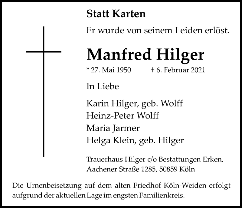  Traueranzeige für Manfred Hilger vom 13.02.2021 aus Kölner Stadt-Anzeiger / Kölnische Rundschau / Express
