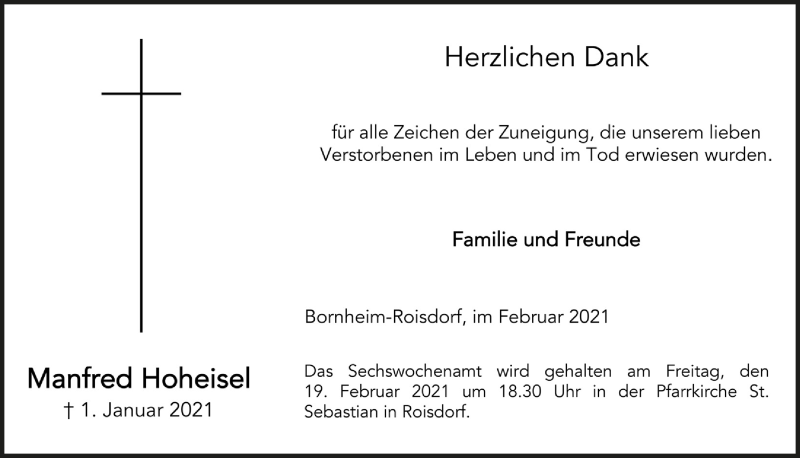  Traueranzeige für Manfred Hoheisel vom 12.02.2021 aus  Schaufenster/Blickpunkt 