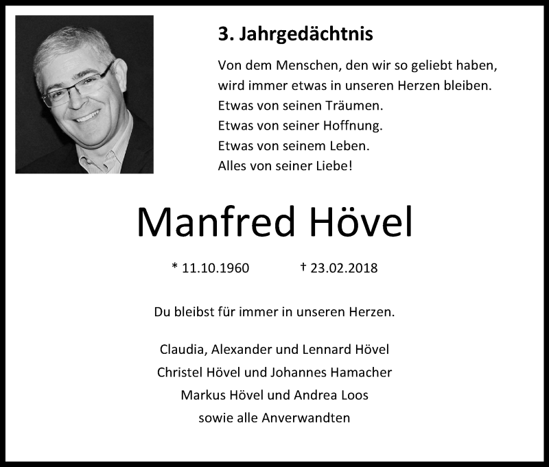  Traueranzeige für Manfred Hövel vom 27.02.2021 aus Kölner Stadt-Anzeiger / Kölnische Rundschau / Express
