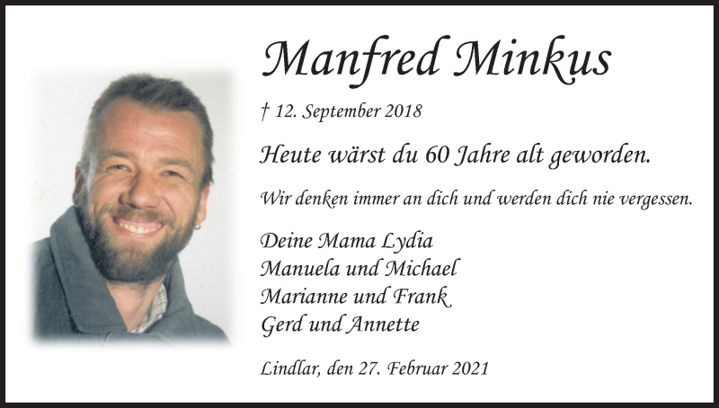  Traueranzeige für Manfred Minkus vom 27.02.2021 aus Kölner Stadt-Anzeiger / Kölnische Rundschau / Express