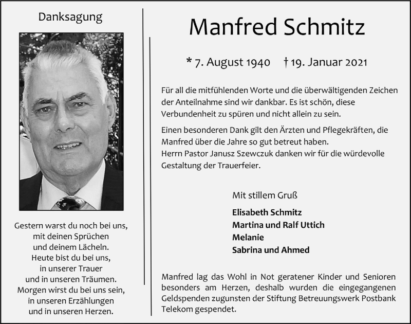  Traueranzeige für Manfred Schmitz vom 19.02.2021 aus  Bergisches Handelsblatt 