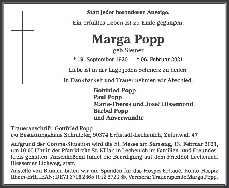  Traueranzeige für Marga Popp vom 12.02.2021 aus  Werbepost 