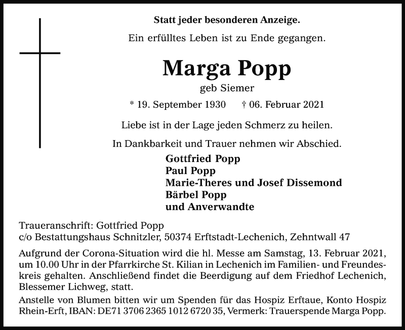  Traueranzeige für Marga Popp vom 10.02.2021 aus Kölner Stadt-Anzeiger / Kölnische Rundschau / Express