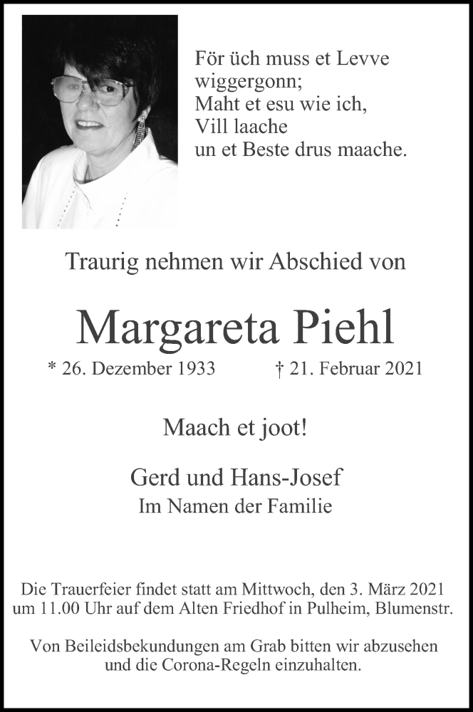  Traueranzeige für Margareta Piehl vom 27.02.2021 aus Kölner Stadt-Anzeiger / Kölnische Rundschau / Express