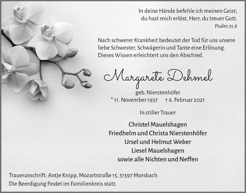  Traueranzeige für Margarete Dehmel vom 19.02.2021 aus  Lokalanzeiger 