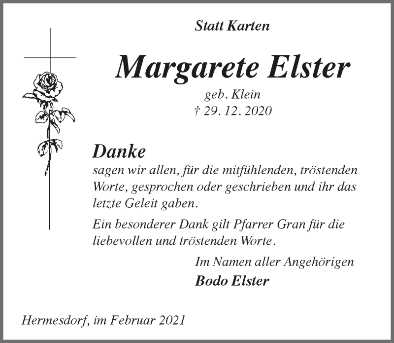  Traueranzeige für Margarete Elster vom 19.02.2021 aus  Lokalanzeiger 
