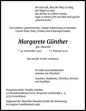 Anzeige von Margarete Günther von Kölner Stadt-Anzeiger / Kölnische Rundschau / Express
