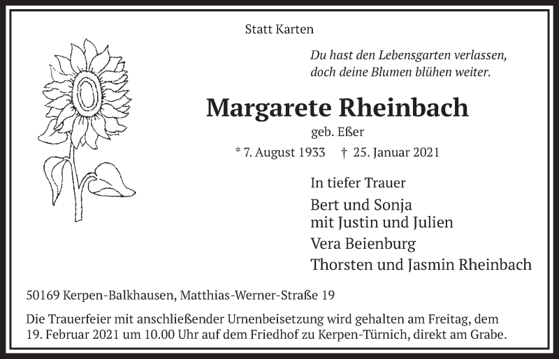  Traueranzeige für Margarete Rheinbach vom 12.02.2021 aus  Werbepost 