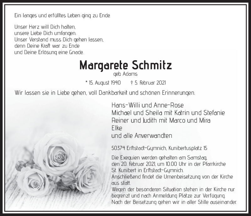  Traueranzeige für Margarete Schmitz vom 12.02.2021 aus  Werbepost 