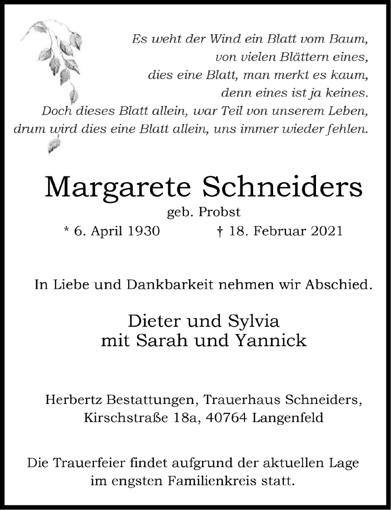  Traueranzeige für Margarete Schneiders vom 26.02.2021 aus  Lokale Informationen 