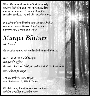 Anzeige von Margot Büttner von Kölner Stadt-Anzeiger / Kölnische Rundschau / Express