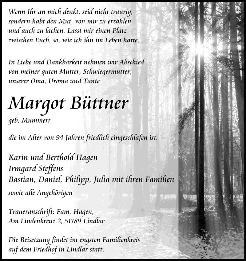 Traueranzeige für Margot Büttner vom 27.02.2021 aus Kölner Stadt-Anzeiger / Kölnische Rundschau / Express