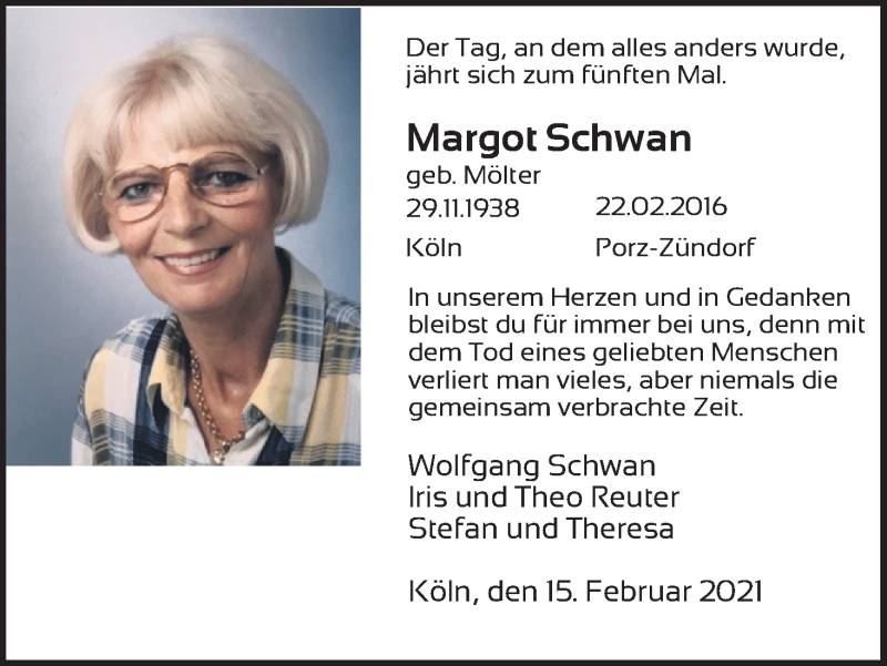  Traueranzeige für Margot Schwan vom 20.02.2021 aus Kölner Stadt-Anzeiger / Kölnische Rundschau / Express