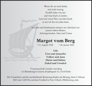 Anzeige von Margot vom Berg von  Kölner Wochenspiegel 