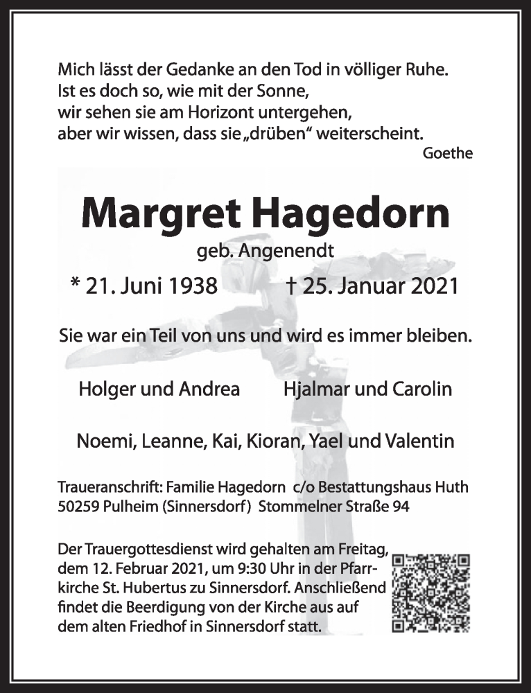  Traueranzeige für Margret Hagedorn vom 05.02.2021 aus  Wochenende 