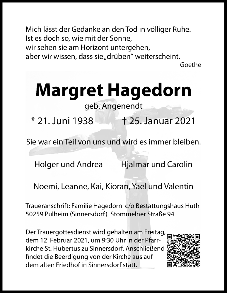  Traueranzeige für Margret Hagedorn vom 06.02.2021 aus Kölner Stadt-Anzeiger / Kölnische Rundschau / Express