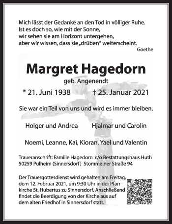 Anzeige von Margret Hagedorn von  Wochenende 