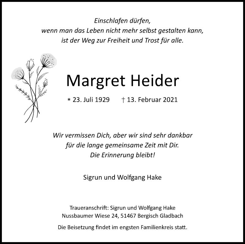  Traueranzeige für Margret Heider vom 20.02.2021 aus Kölner Stadt-Anzeiger / Kölnische Rundschau / Express