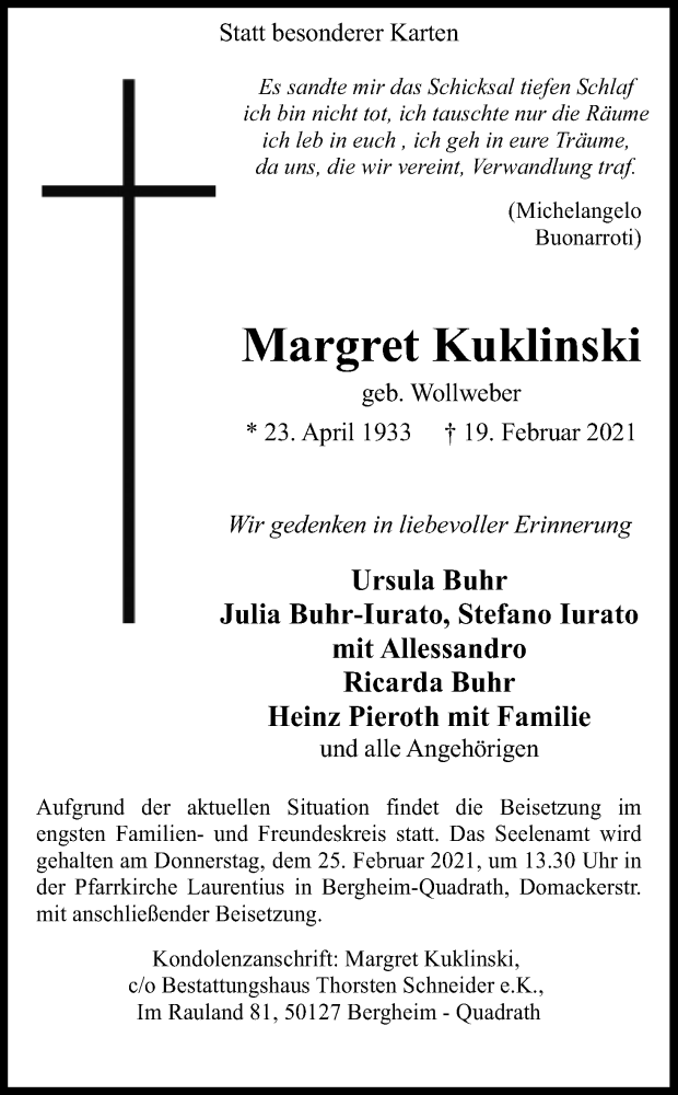  Traueranzeige für Margret Kuklinski vom 23.02.2021 aus Kölner Stadt-Anzeiger / Kölnische Rundschau / Express